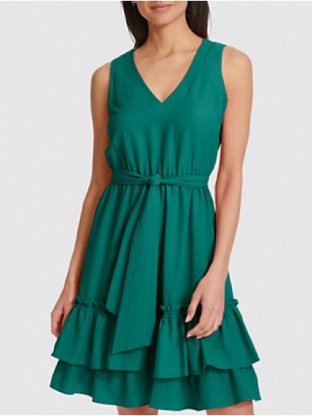 Calvin Klein Teal Sleeveless V-Neck Tiered Midi Dress with Waist Tie
